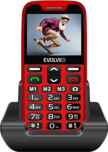 telefon me taste Evolveo Easyphone XR (MPN 20146), ekran me ngjyra i madh, taste të mëdha, buton SOS, dock për karikim, Type-C, i kuq, set me karikues + dock