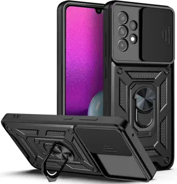 Mbështjellës ONASI Armor Ring për Samsung Galaxy S24 Plus 5G, me mbrojtje kamere me slider, me unazë/mbajtëse dhe stand, i zi