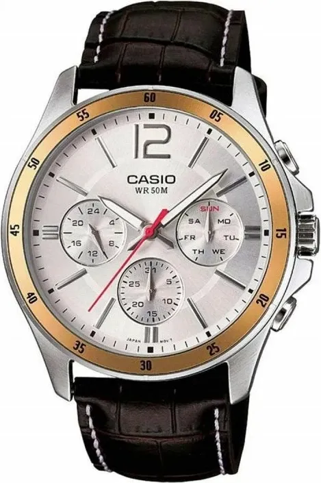 Orë dore për meshkuj Casio, argjendtë e arit me rrip kafe - 1