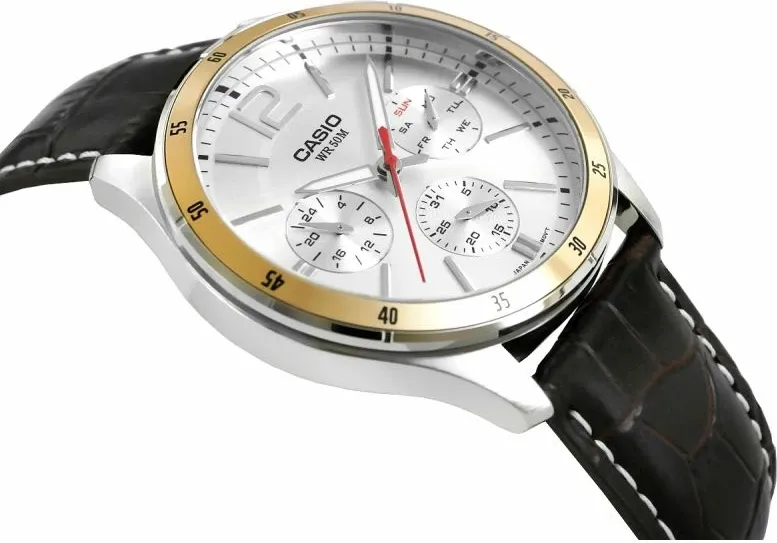 Orë dore për meshkuj Casio, argjendtë e arit me rrip kafe - 2