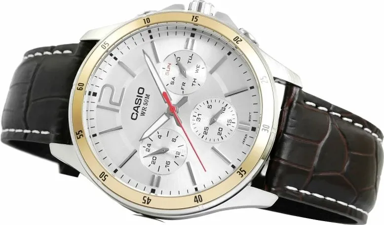 Orë dore për meshkuj Casio, argjendtë e arit me rrip kafe - 3