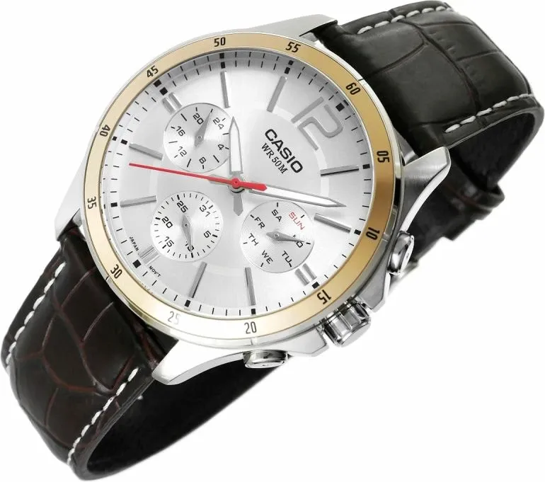 Orë dore për meshkuj Casio, argjendtë e arit me rrip kafe - 4