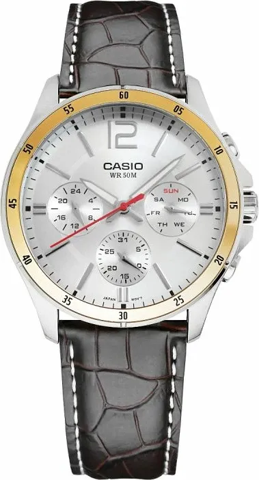 Orë dore për meshkuj Casio, argjendtë e arit me rrip kafe - 6