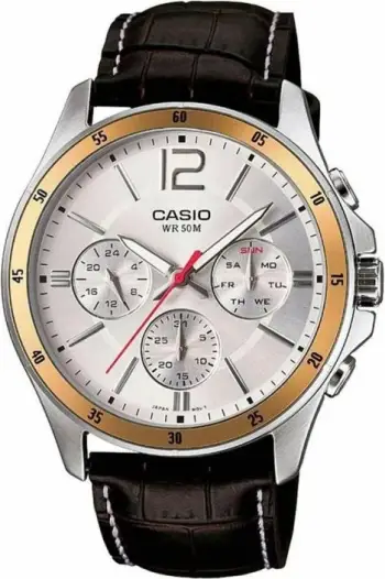Orë dore për meshkuj Casio, argjendtë e arit me rrip kafe