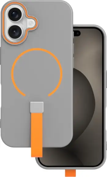 Mbështjellës silikoni ONASI për iPhone 17 Pro, MagSafe, me rrip, gri-portokalli