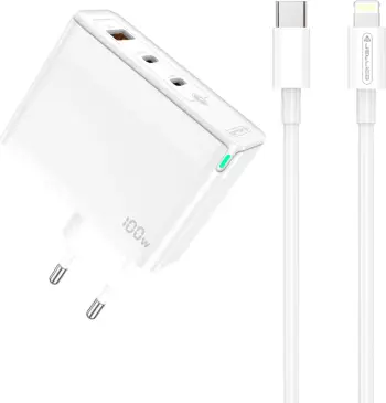 Karikues shtëpie Jellico C118 100W GaN, 1x USB-A 22.5W + 2x USB-C (65W + 35W), me kabllo Type-C në Lightning, i bardhë, EU blister