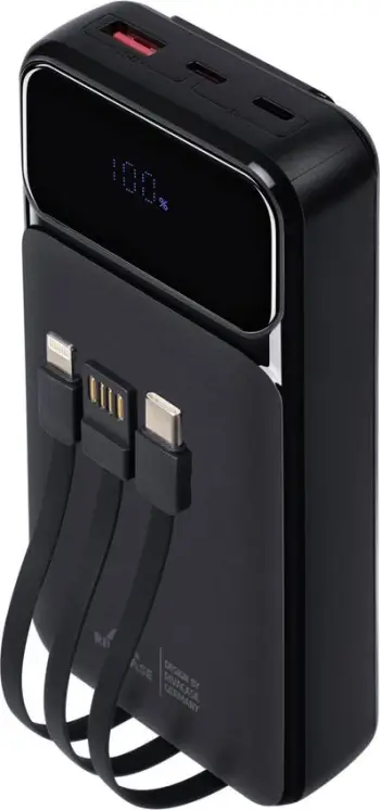 Powerbank RIVACASE VA2221 20000mAh 22.5W me ekran LCD, 3 kabllo (USB-C/Lightning/USB-A), e zezë