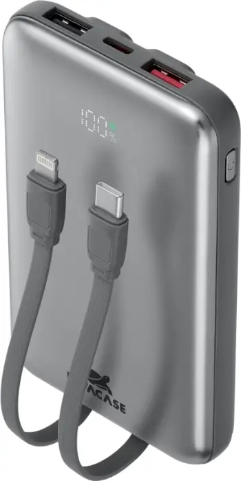 Power bank RIVACASE VA2611 10,000 mAh 30W, LCD, kabllo Type-C + Lightning, gri