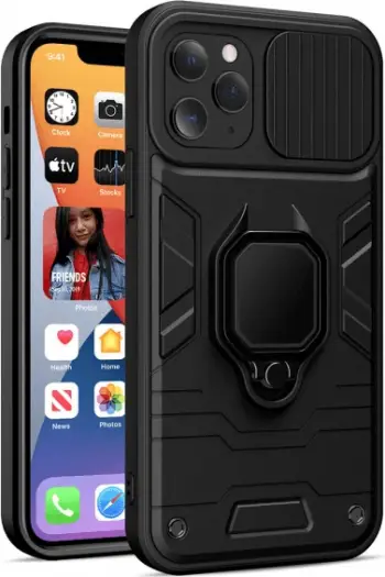 Mbështjellës ONASI Silicone Armor Ring për iPhone 16 Pro Max, me mbrojtje kamere (slider), me unazë/mbajtëse magnetike, i zi