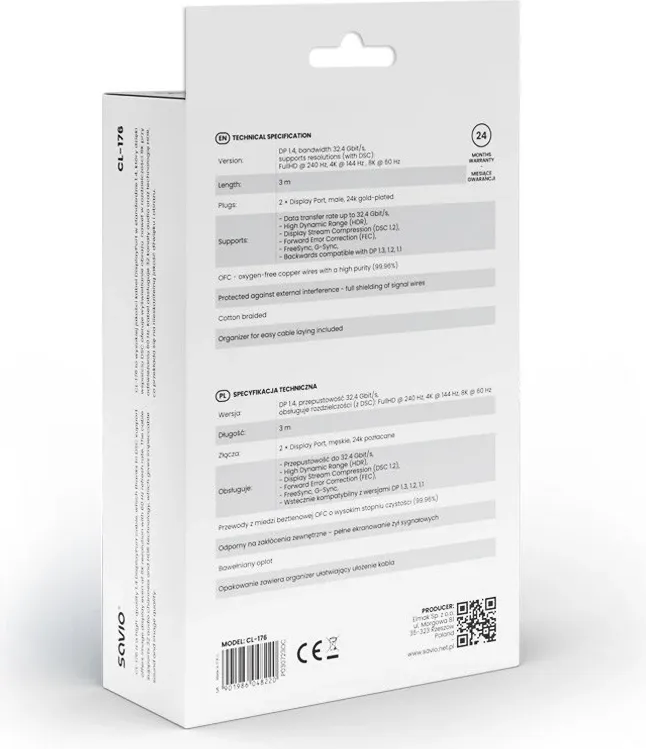 Kabllo DisplayPort SAVIO, V1.4, 3 m, CL-176, e zezë - 2