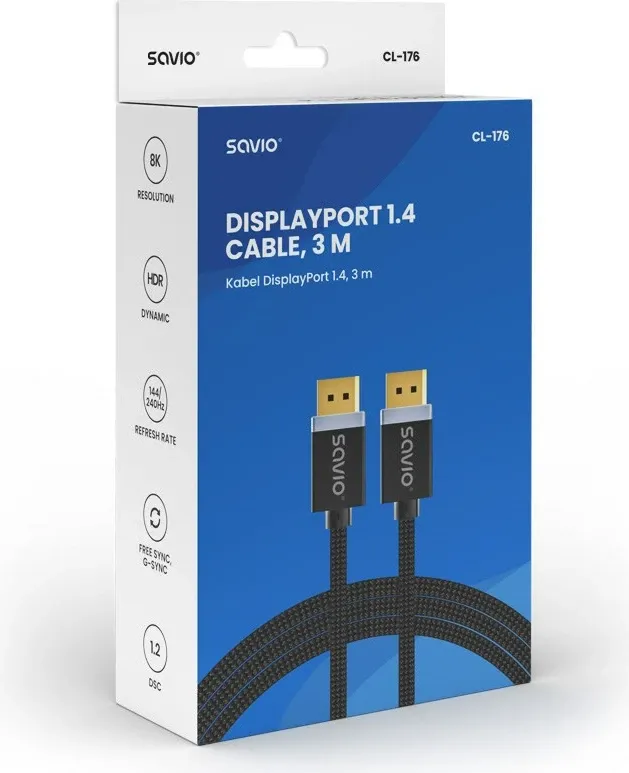 Kabllo DisplayPort SAVIO, V1.4, 3 m, CL-176, e zezë - 3