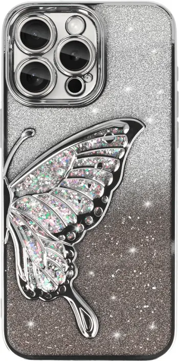 Mbështjellës silikoni Dream ONASI për iPhone 16, flutur 3D me glitter, TPU, gri