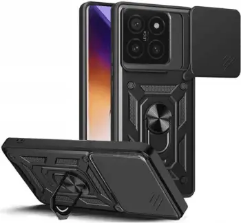 Mbështjellës silikoni armor ONASI për Xiaomi 14T, me unazë/stand, mbrojtje kamere me slider, pllakë magnetike, i zi