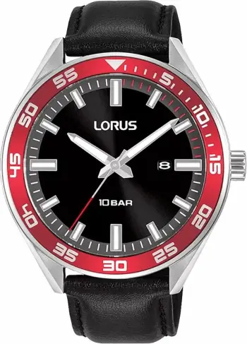 Ora burrash Lorus RH941NX9, analoge, rrip lëkure, e zezë