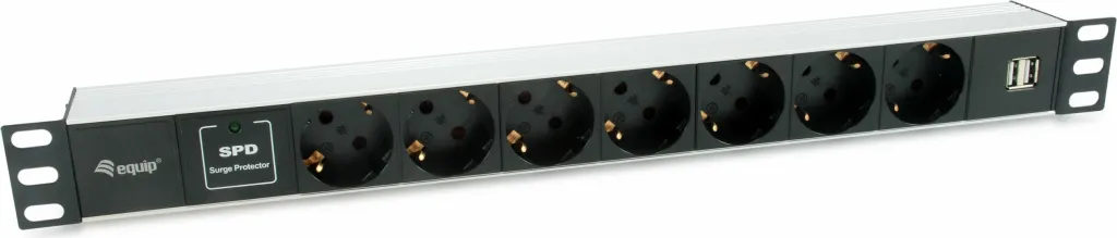 PDU Equip 333315, 1U, 7 prizë, 2 USB, alumini, zi/argjendtë - 1