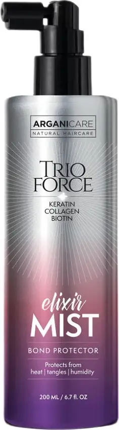 Spray për flokë Arganicare Trio Force Elixir Mist Thermal Protectant për femra, 200ml