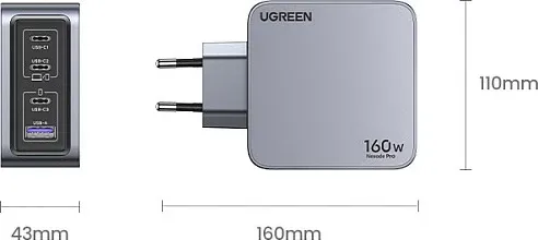 Karikues universal Ugreen Nexode Pro 160W GaN me kabllo USB-C, i zi/gri - 4