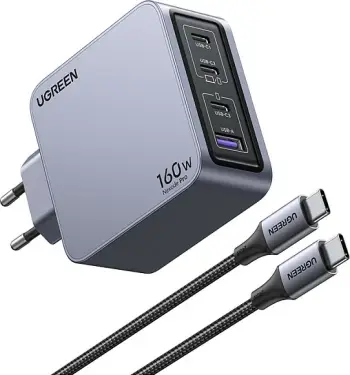 Karikues universal Ugreen Nexode Pro 160W GaN me kabllo USB-C, i zi/gri