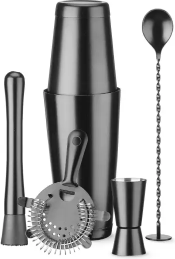 Set aksesorësh barmeni, BarUp Barkit in Tube, Boston shaker 500/800 ml, xhiger 25/50 ml, lugë spirale 27 cm, sitë Hawthorne, grirës (muddler), tub kartoni, diametër 120 x 320 mm, e zezë