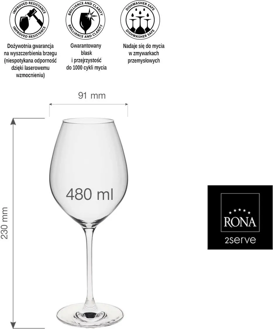 Gotë vere RONA Le Vin Chardonnay 480 ml, transparente, set 6 copë - 10