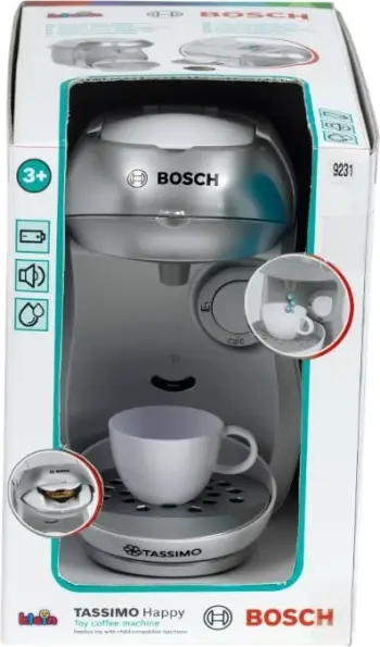 Makineri kafeje lodër, Klein Bosch Tassimo 9231, me efekte zanore dhe rrjedhë uji, me filxhan, pjatëz, lugë dhe 2 kapsula, argjend