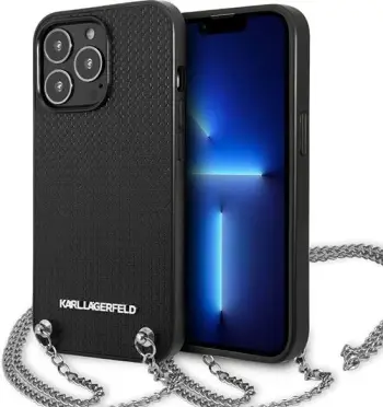 Mbështjellës Karl Lagerfeld Monogram Plaque për iPhone 13 Pro/13 6.1", i zi, me zinxhir