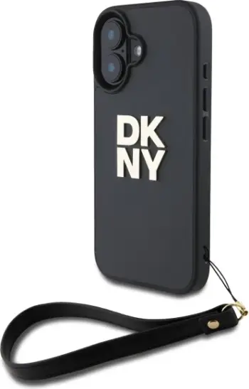 Mbështjellës DKNY Wrist Strap Stock Logo për iPhone 16, i zi