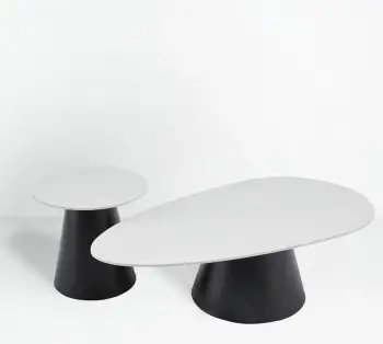 Set tavolinash kafeje OVO, 2 copë, e bardhë me dizajn mermeri, këmbë të zeza, 129x69x38cm