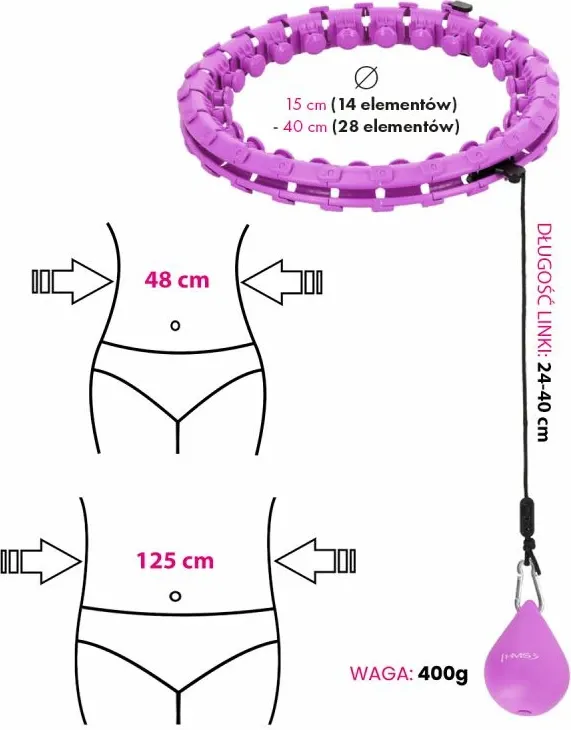 Hula hoop fitnesi HMS HHW12 GT, i rregullueshëm, me peshë, lejla - 13