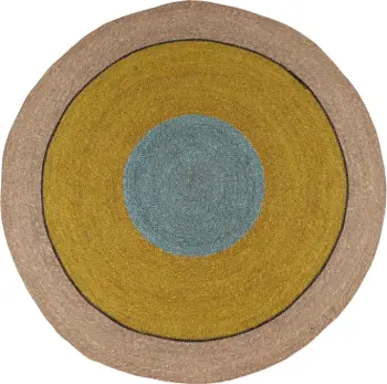 Qilim i rrumbullakët Wavea, ngjyrë natyrale, mustard, kaltër e çelët, 120x120cm