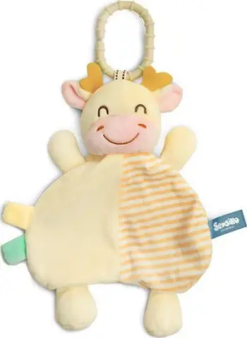 Lodër pelushi Sensillo Mini Zoo Cow, për foshnje, me grep varës, shumëngjyrëshe