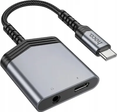 Adapter audio Hoco LS39, USB C në USB C dhe 3.5 mm, 27W, gri - 1