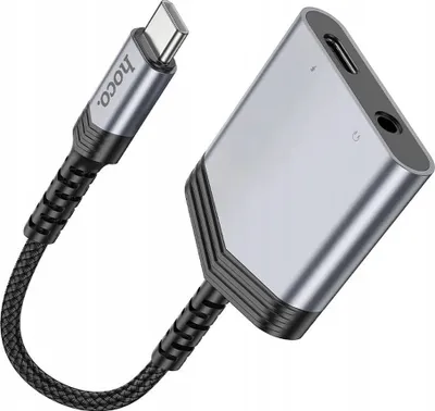 Adapter audio Hoco LS39, USB C në USB C dhe 3.5 mm, 27W, gri - 3