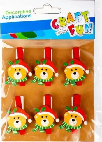 Kapëse druri dekorative Craft with Fun Christmas Bear, 4 cm, 6 copë, shumëngjyrëshe
