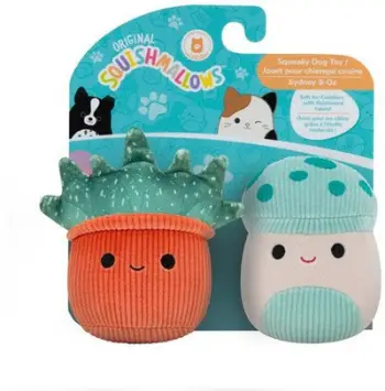Lodra për qen Squishmallows Original Sydney Mushroom dhe Oz Succulent, set 2 copë, 3.5", pelush shumë i butë