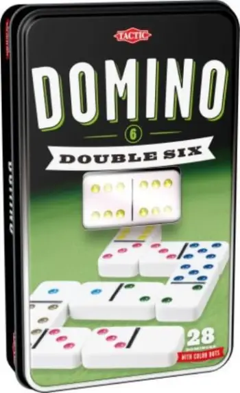 Loja tavolinë domino Double Six, 28 gurë, kuti metalike, shumëngjyrëshe