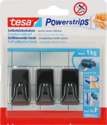 Kapëse muri tesa Powerstrips Black Hooks 58278, vetëngjitëse, 3 copë, të zeza
