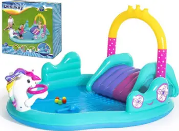Pishinë fryrëse lojërash Bestway Magic Unicorn, me tobogan, për fëmijë, shumëngjyrëshe