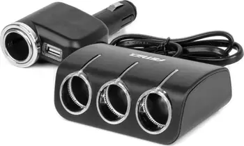 Shpërndarës prizë makinë AMIO 04360, 3 dalje çakmaku, USB A 12/24V 120W, kabllo 80cm