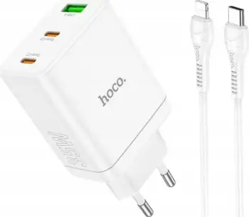 Karikues muri Hoco Mains Charger, 2x Type C, USB A, PD QC 3.0, me kabllo USB C në Lightning, i bardhë