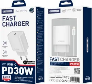 Karikues muri JELLICO EU53, 30W PD, USB C me kabllo USB C Lightning, i bardhë