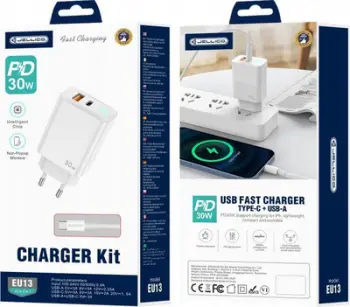 Karikues muri JELLICO EU13 GaN PD, 30W, 1xUSB C 1xUSB QC3.0, me kabllo USB C USB C, i bardhë