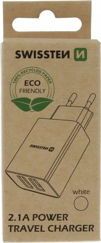 Karikues muri Swissten 2.1A Power Travel Charger, 2x USB, prizë EU, i bardhë