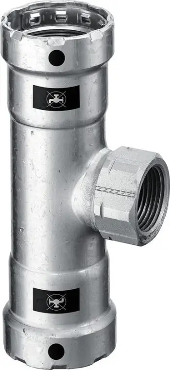 Pjesë T për tuba Viega Megapress, 1" x 3/4" x 1", çelik i paaliazhuar, zink nikeli