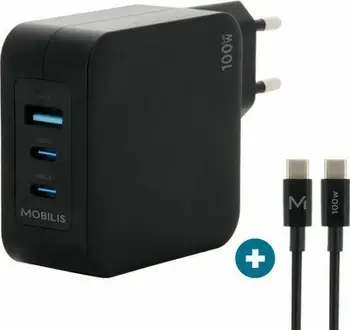 Karikues muri Mobilis 100W GaN, 2x USB C, 1x USB A, me kabllo 2m, i bardhë