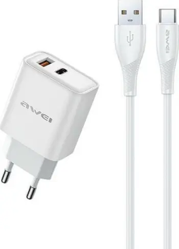 Karikues rrjeti Awei GaN, 22.5W, USB dhe USB C, me kabllo, i bardhë