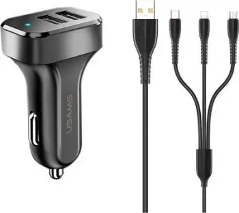 Karikues veture Usams C13 King Tu, 2x USB A 2.1A, me kabllo 3 në 1, i zi