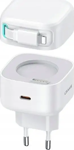 Karikues rrjeti USAMS US-CC202 GaN, 35W, USB-C me kabllo Lightning tërheqëse, i bardhë