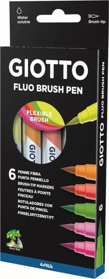 Markera Giotto Fluo Brush Pen, majë furçe, set 6 copë, shumëngjyrëshe fluoreshente