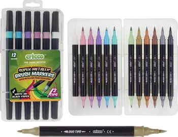 Markera me brushë Cricco Pisaki Brush Metallic Double Sided, 12 ngjyra, metalike